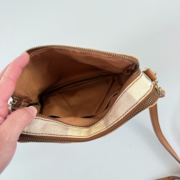 Fossil Sydney Crossbody Purse Bag Taupe And Cream Stripe Zip Closure Handbag - Picture 11 of 12
